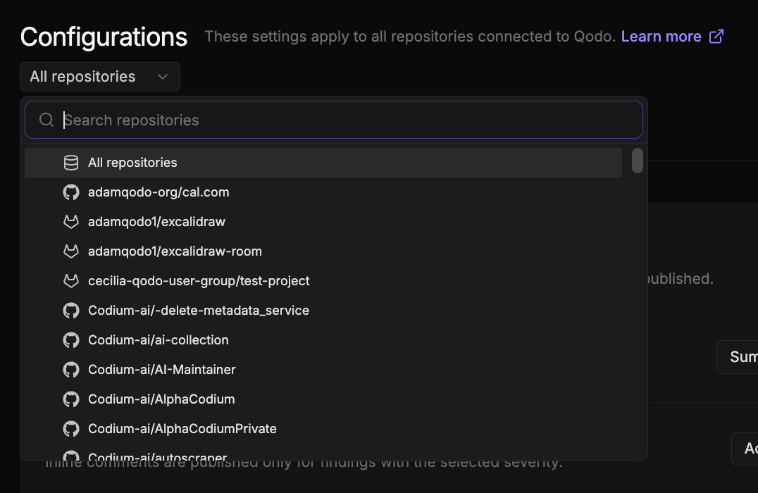 Configurations page repository selector with the All repositories dropdown expanded, showing a search box and a list of connected repositories