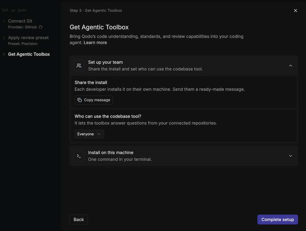 Onboarding wizard Get Agentic Toolbox step with the Set up your team section expanded, showing Copy message and the codebase tool access dropdown