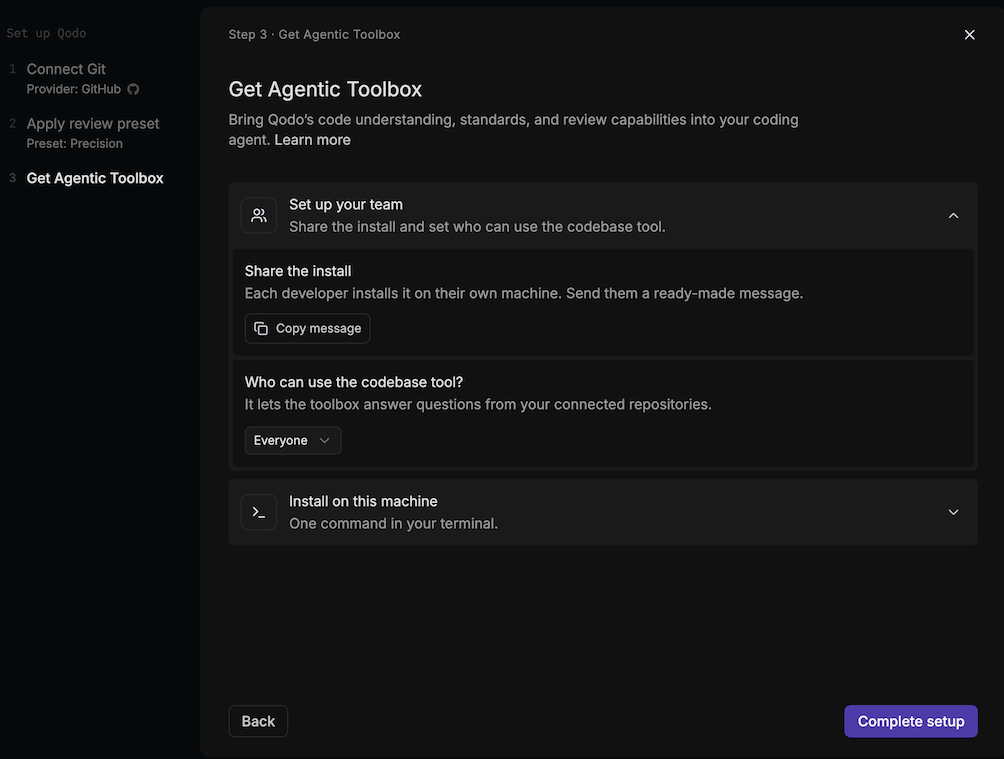Onboarding wizard Get Agentic Toolbox step with the Set up your team section expanded, showing Copy message and the codebase tool access dropdown