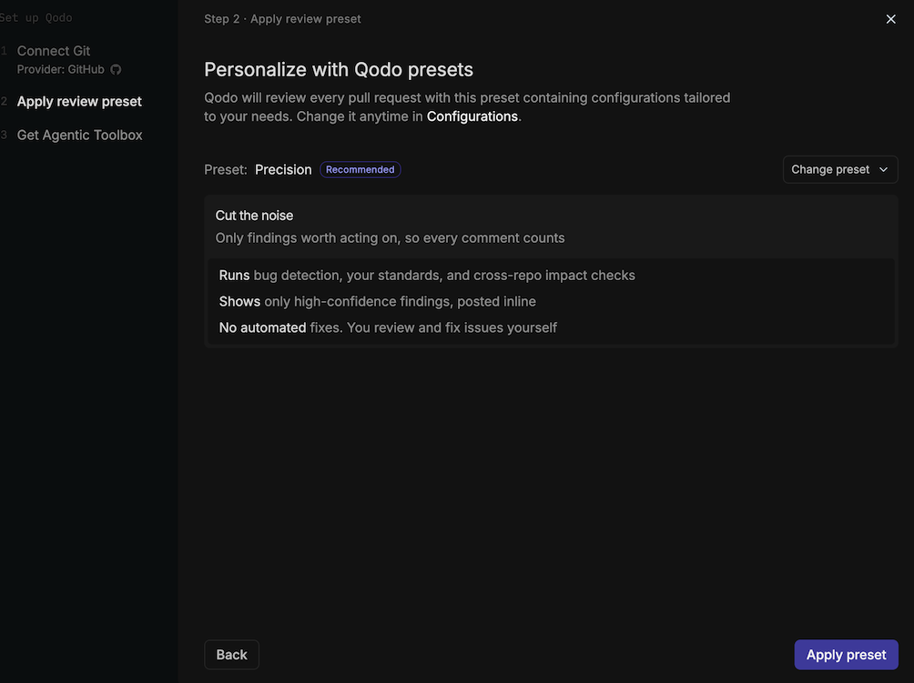 Onboarding wizard Apply review preset step showing the recommended preset, what it runs, and the Change preset button