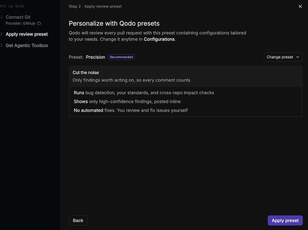 Onboarding wizard Apply review preset step showing the recommended preset, what it runs, and the Change preset button