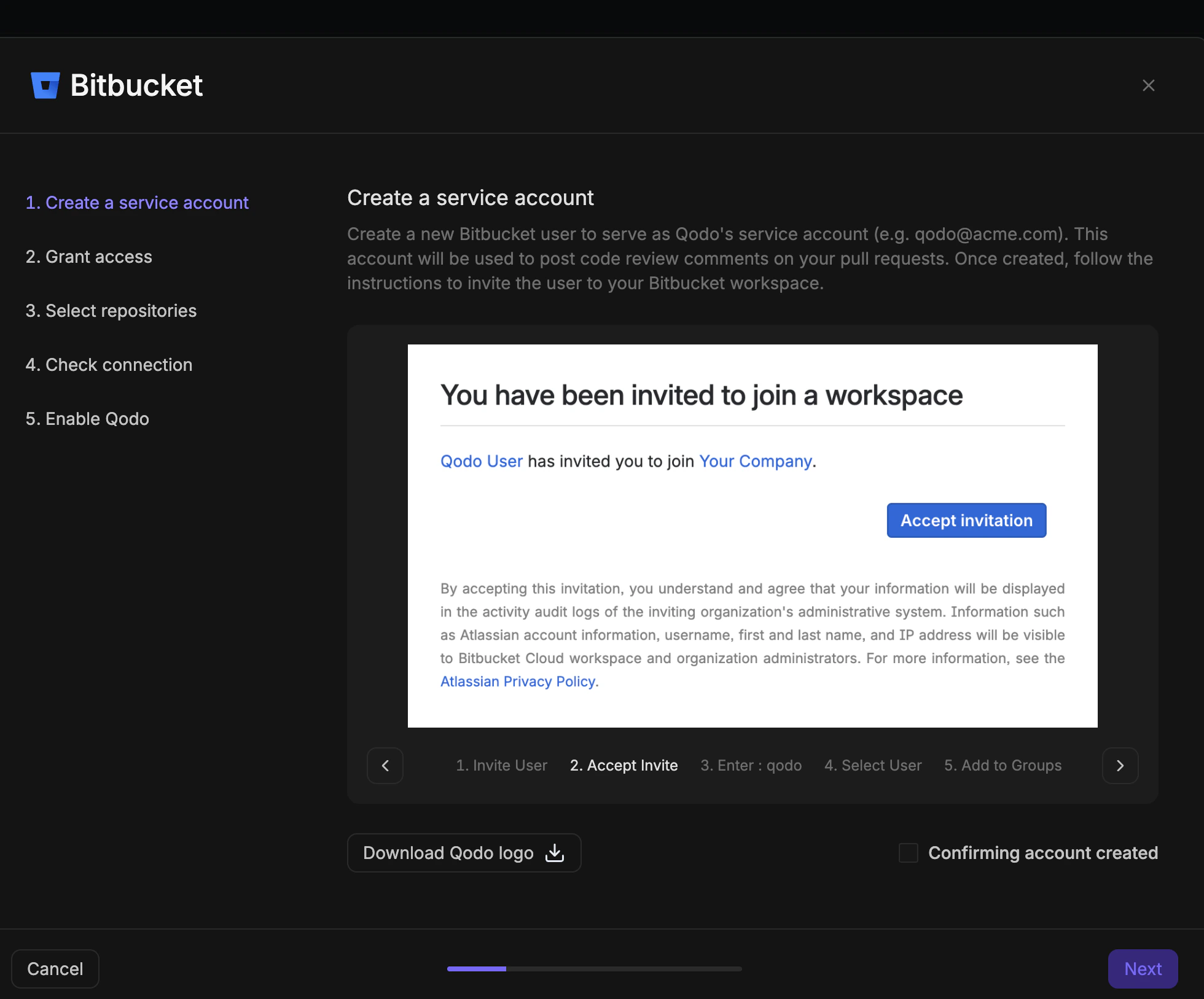 Bitbucket invitation email showing You have been invited to join a workspace with Accept invitation button