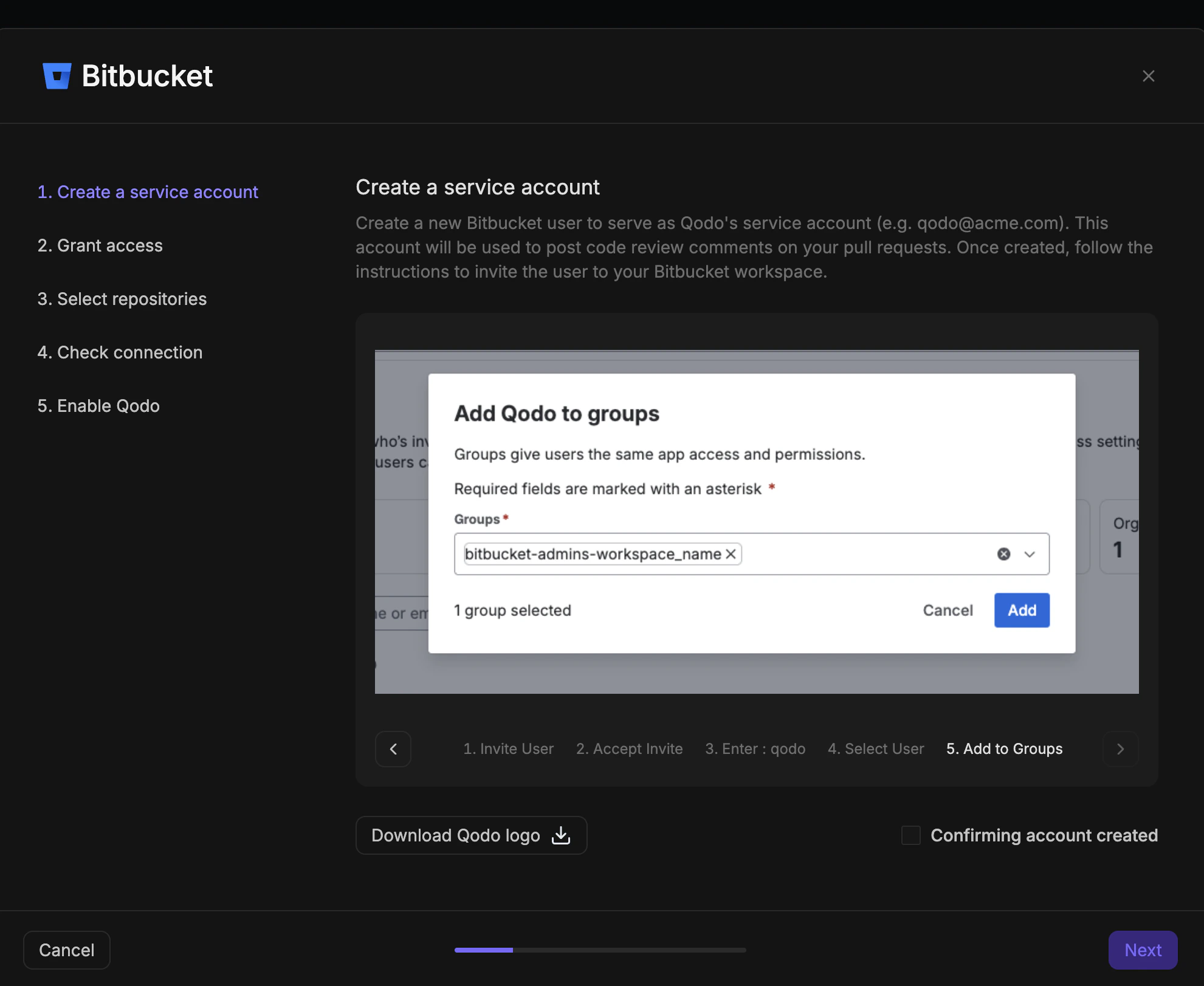 Bitbucket Add Qodo to groups dialog with bitbucket-admins group selected