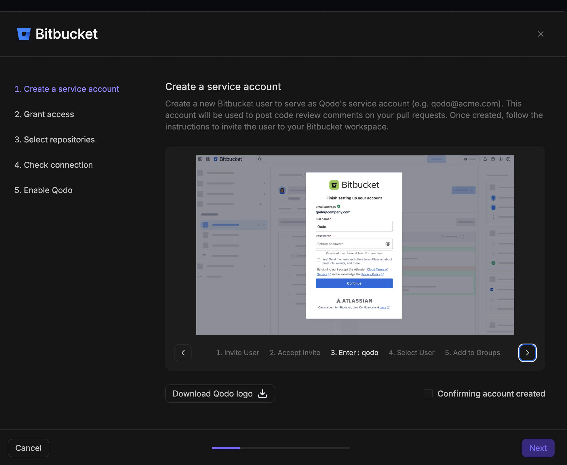 Bitbucket account setup page for creating the Qodo service account