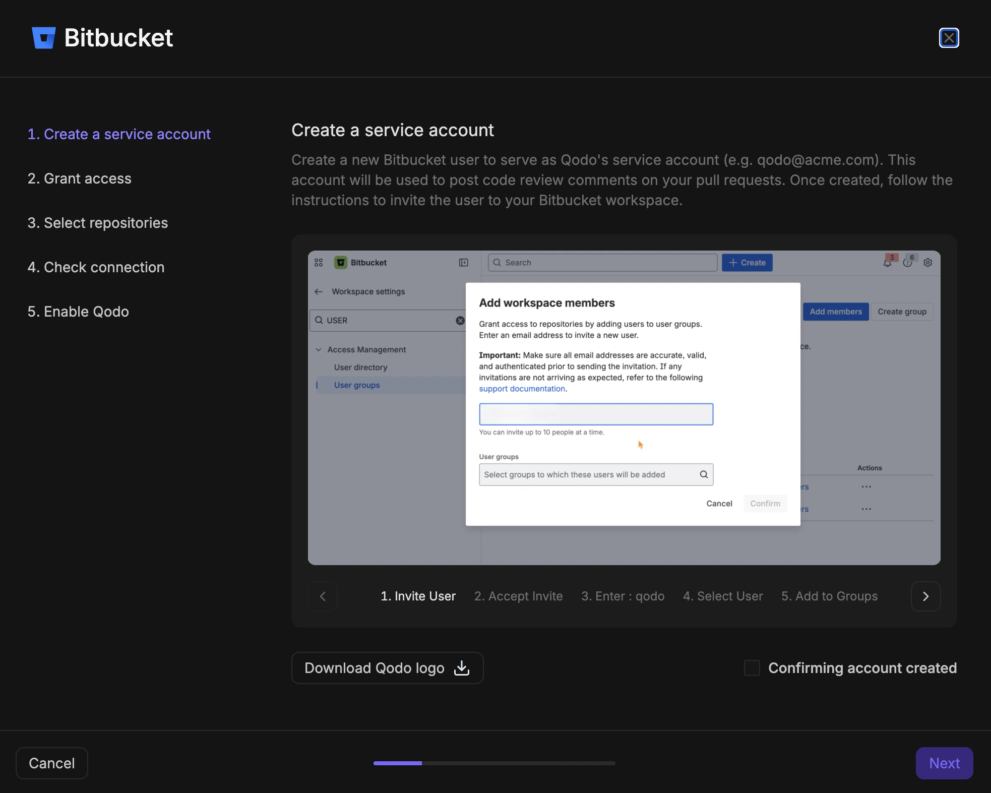 Bitbucket wizard step 1 showing Create a service account with Add workspace members dialog