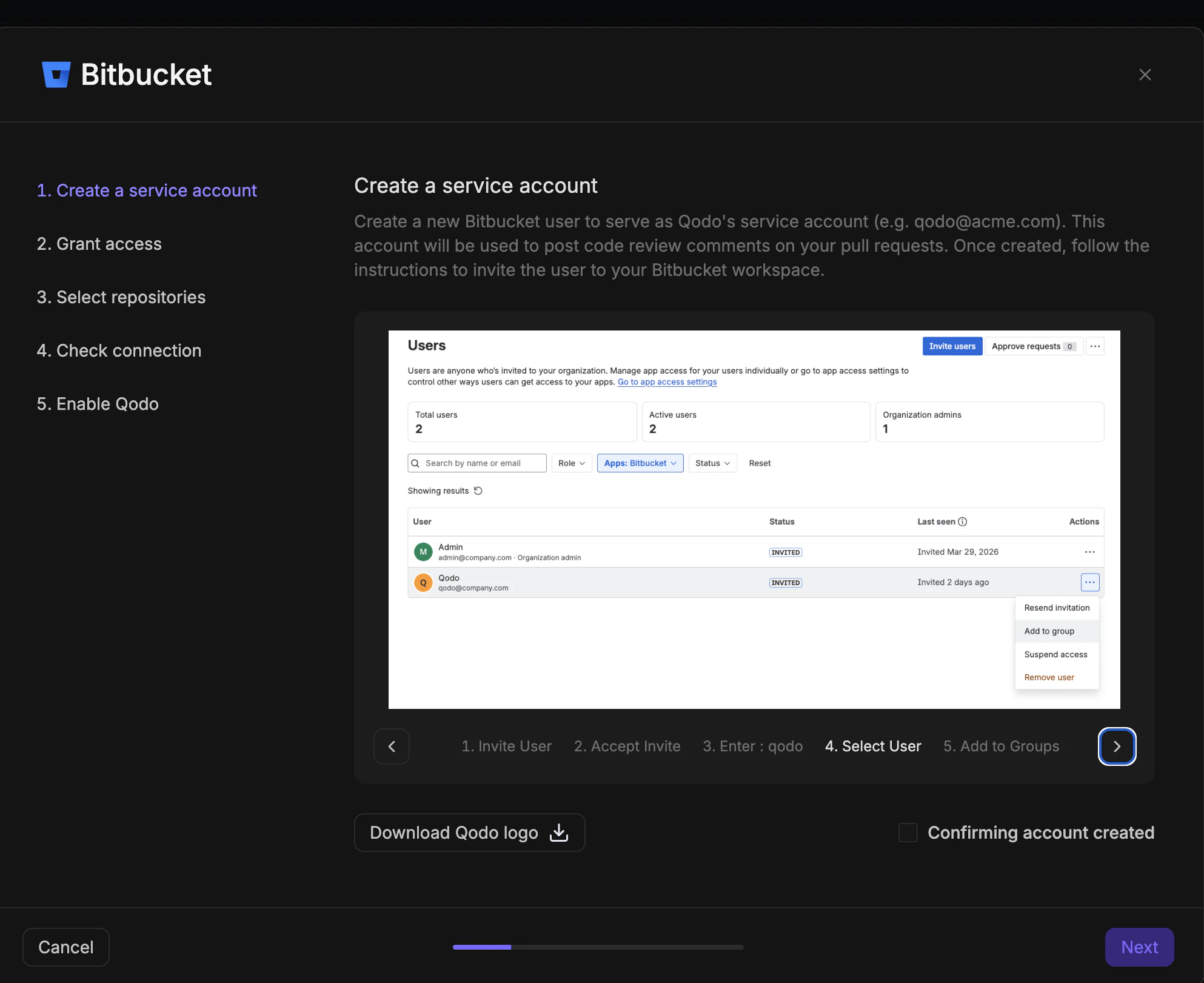 Bitbucket workspace Users admin page with the Qodo service account listed