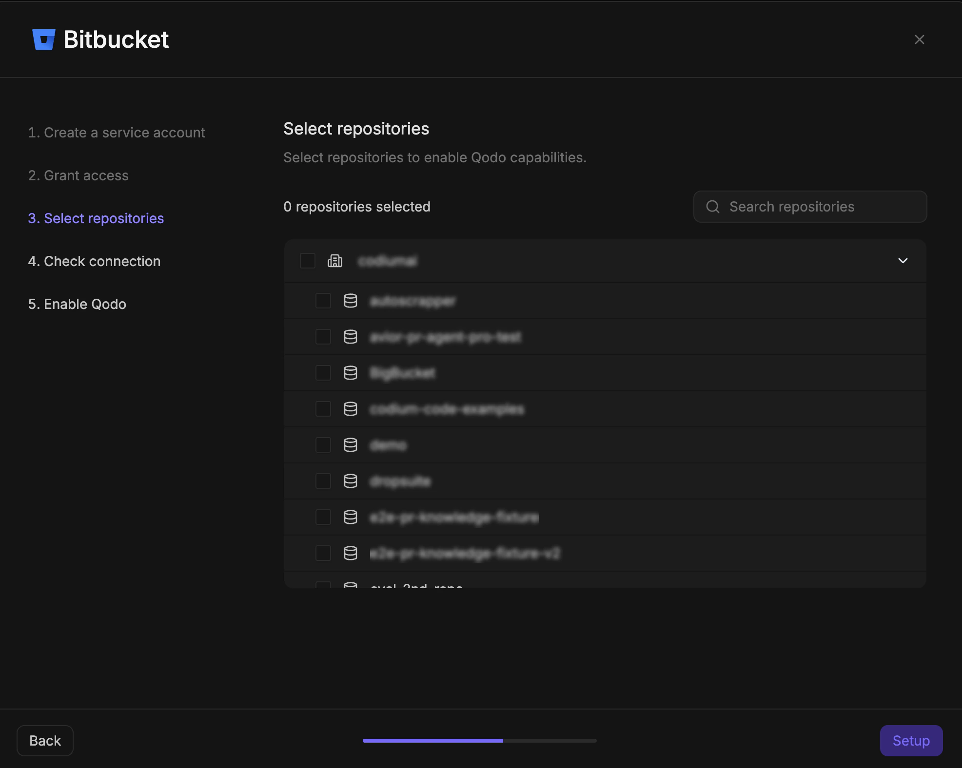 Bitbucket wizard step 3 showing Select repositories with workspace tree and search bar