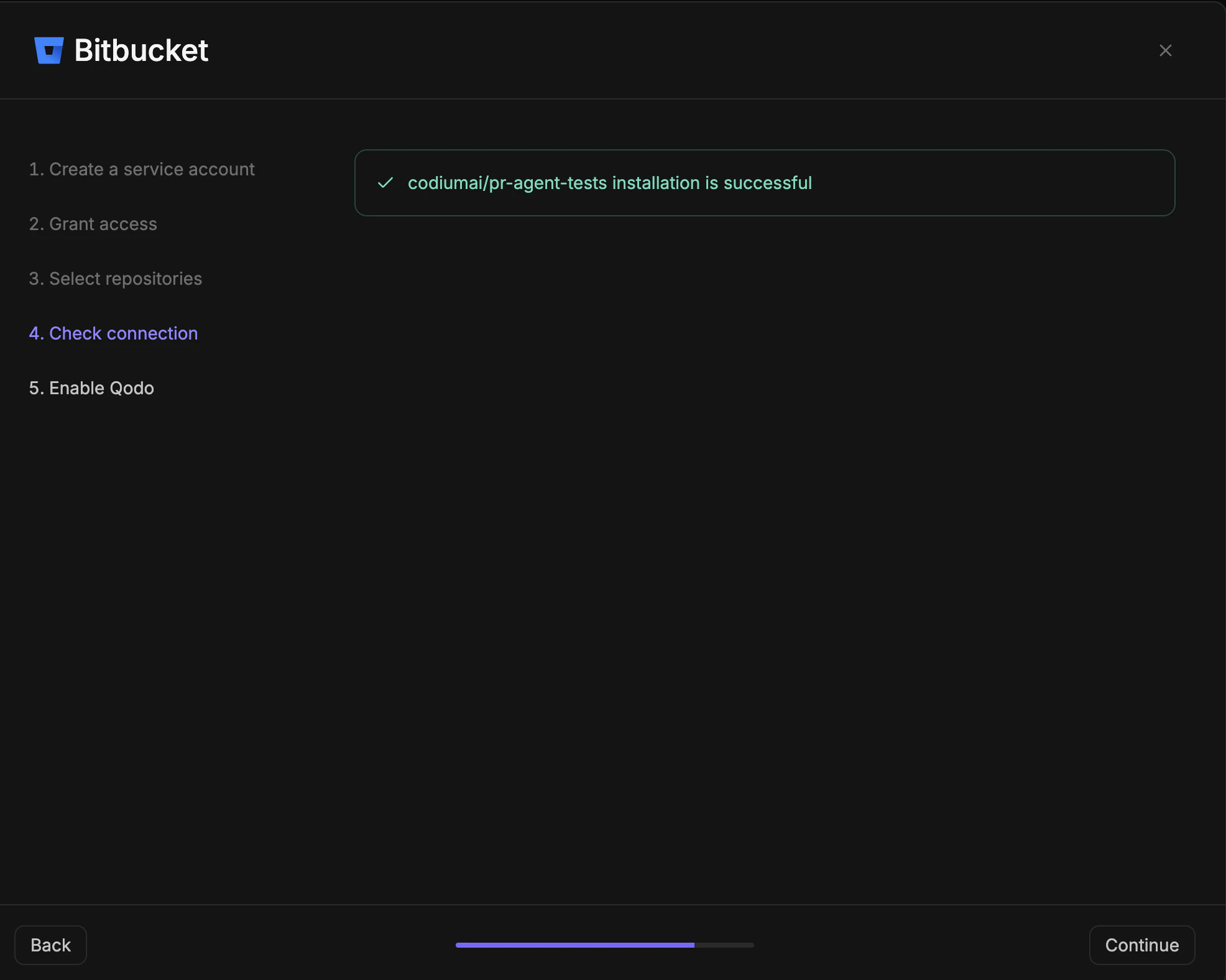 Bitbucket wizard step 4 showing Check connection with successful installation confirmation