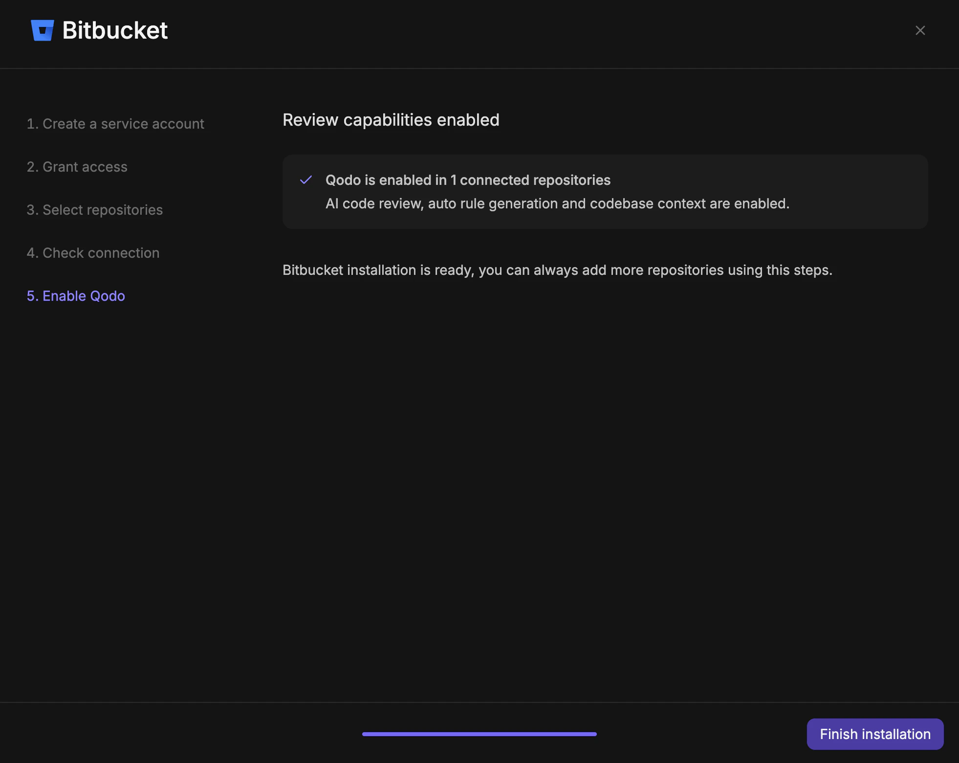 Bitbucket wizard step 5 showing Review capabilities enabled with connected repositories confirmation