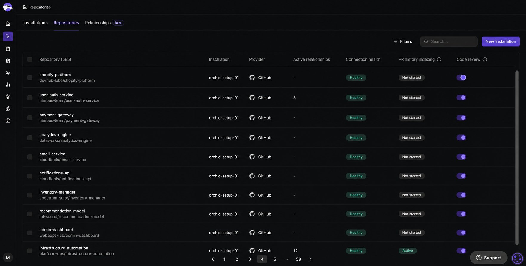 Repositories tab showing repository name, installation, provider, active relationships, connection health, PR history indexing, and code review toggle for each repository