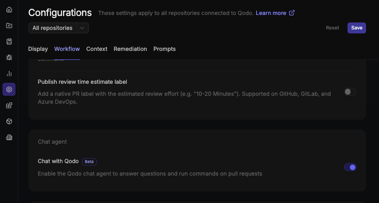 Bottom of the PR summary section showing Publish review time estimate label, and the Chat agent section showing the Chat with Qodo toggle