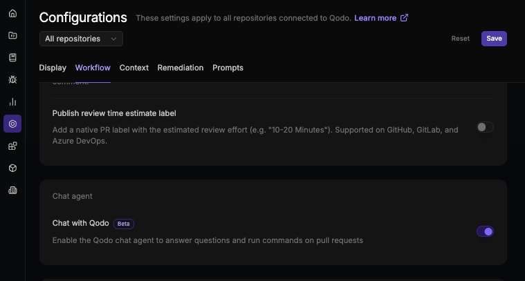Bottom of the PR summary section showing Publish review time estimate label, and the Chat agent section showing the Chat with Qodo toggle