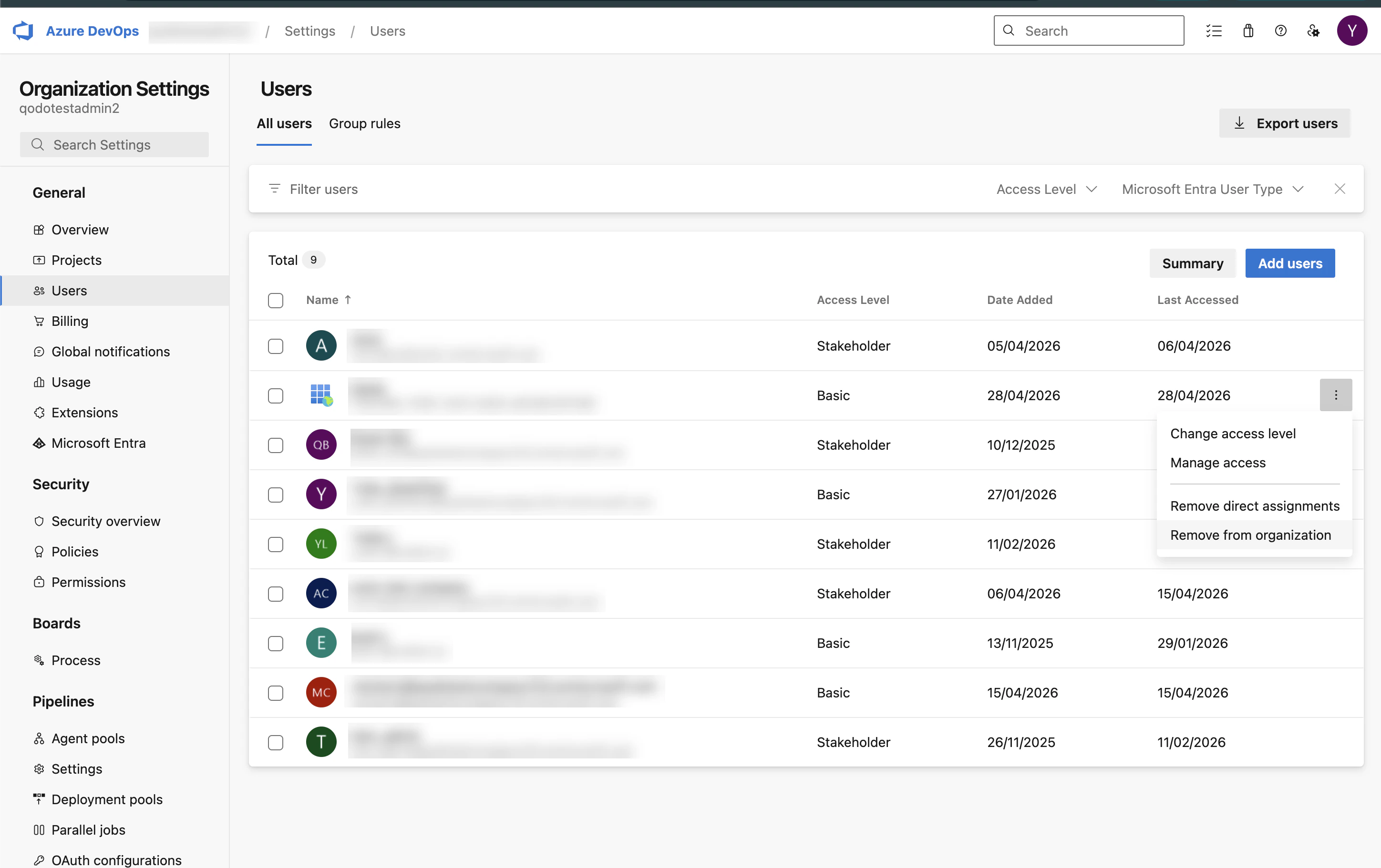 Azure DevOps organization settings Users page showing where to remove the Qodo service principal user