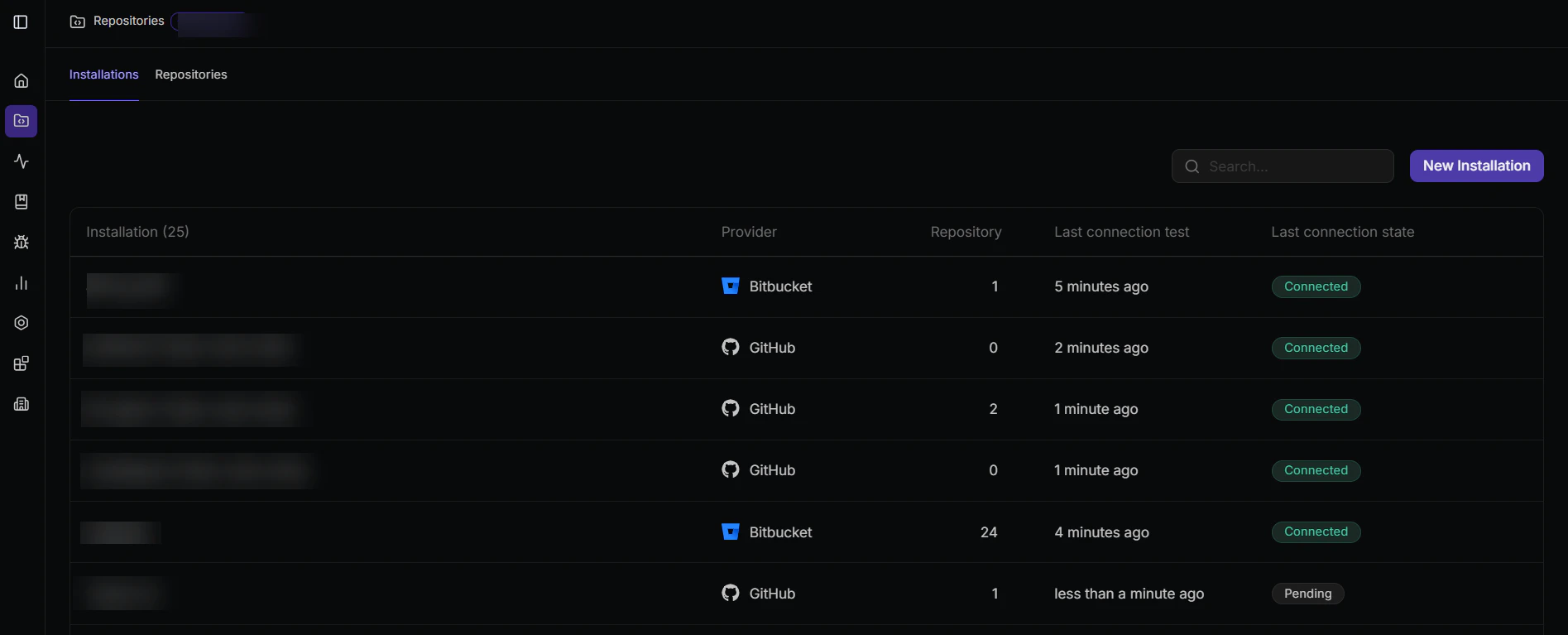 Repositories page Installations tab showing provider, repository count, and connection state for each installation
