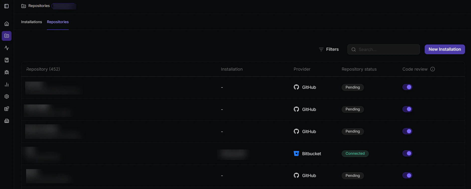 Repositories tab showing repository name, installation, provider, repository status, and code review toggle