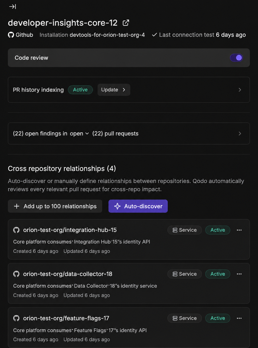 Repository sidebar showing the Cross repository relationships section with linked repositories, their type, description, status, and Created and Updated dates