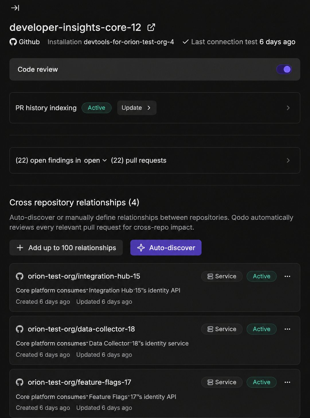 Repository sidebar showing the Cross repository relationships section with linked repositories, their type, description, status, and Created and Updated dates
