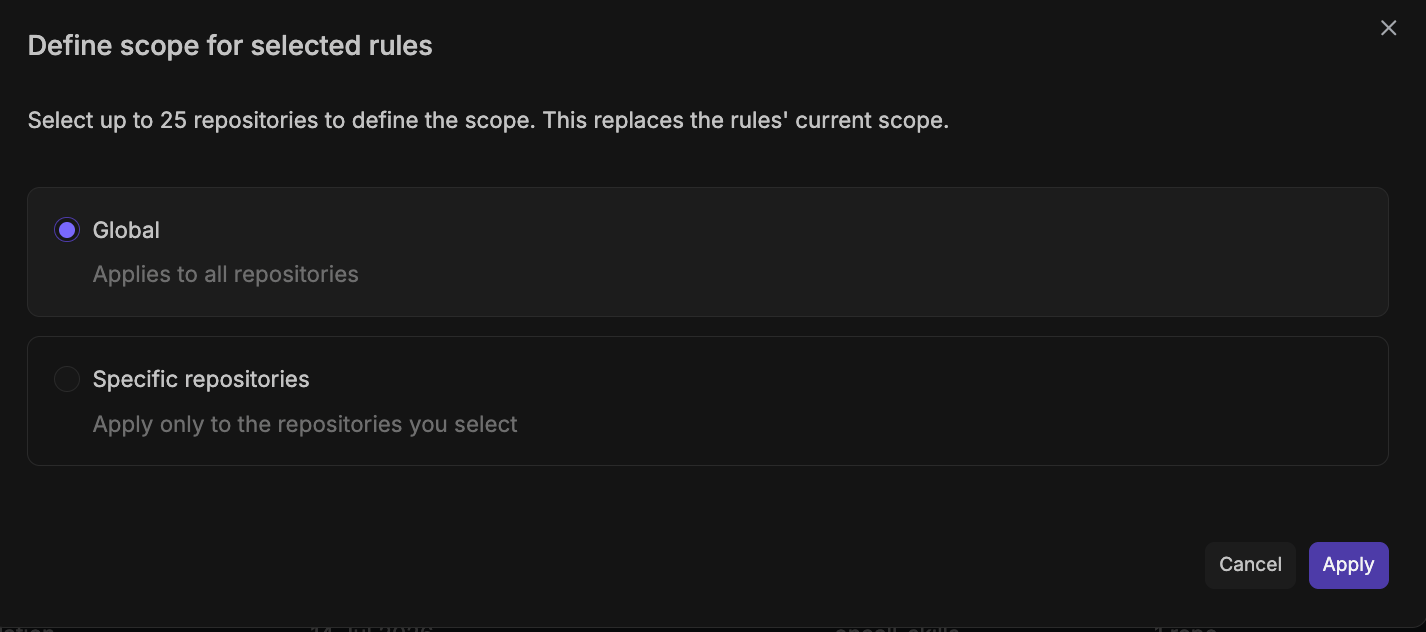 Define scope for selected rules dialog, showing Global and Specific repositories options with Cancel and Apply buttons