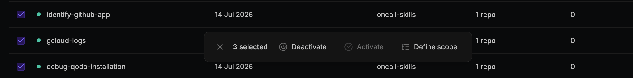 Skills table with multiple rows selected, showing the bulk actions toolbar with Deactivate, Activate, and Define scope options