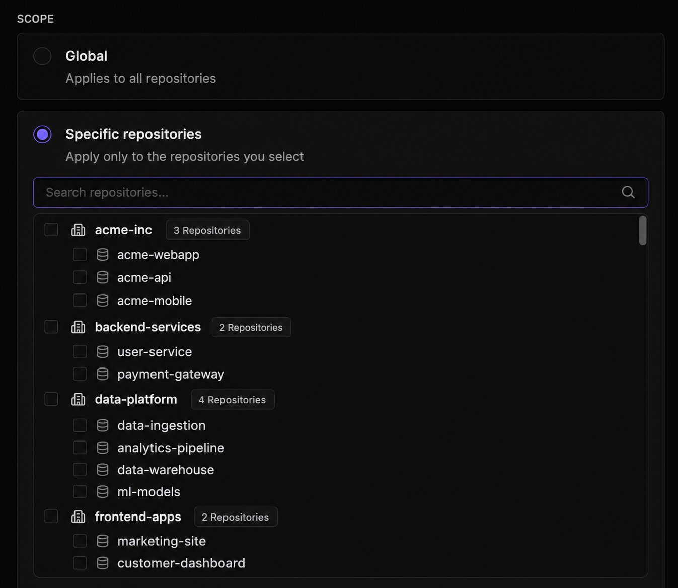 Edit skill scope, showing Global and Specific repositories radio options with a repository selector