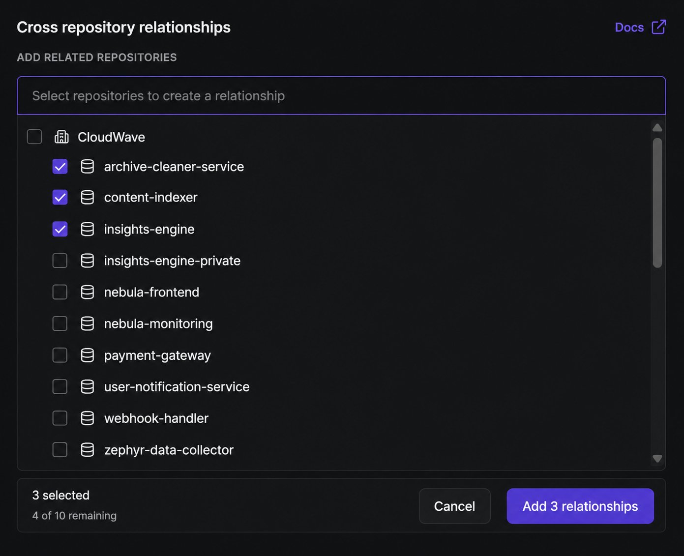 Cross repository relationships panel in the sidebar with a repository picker, several repositories selected, and an Add relationships button