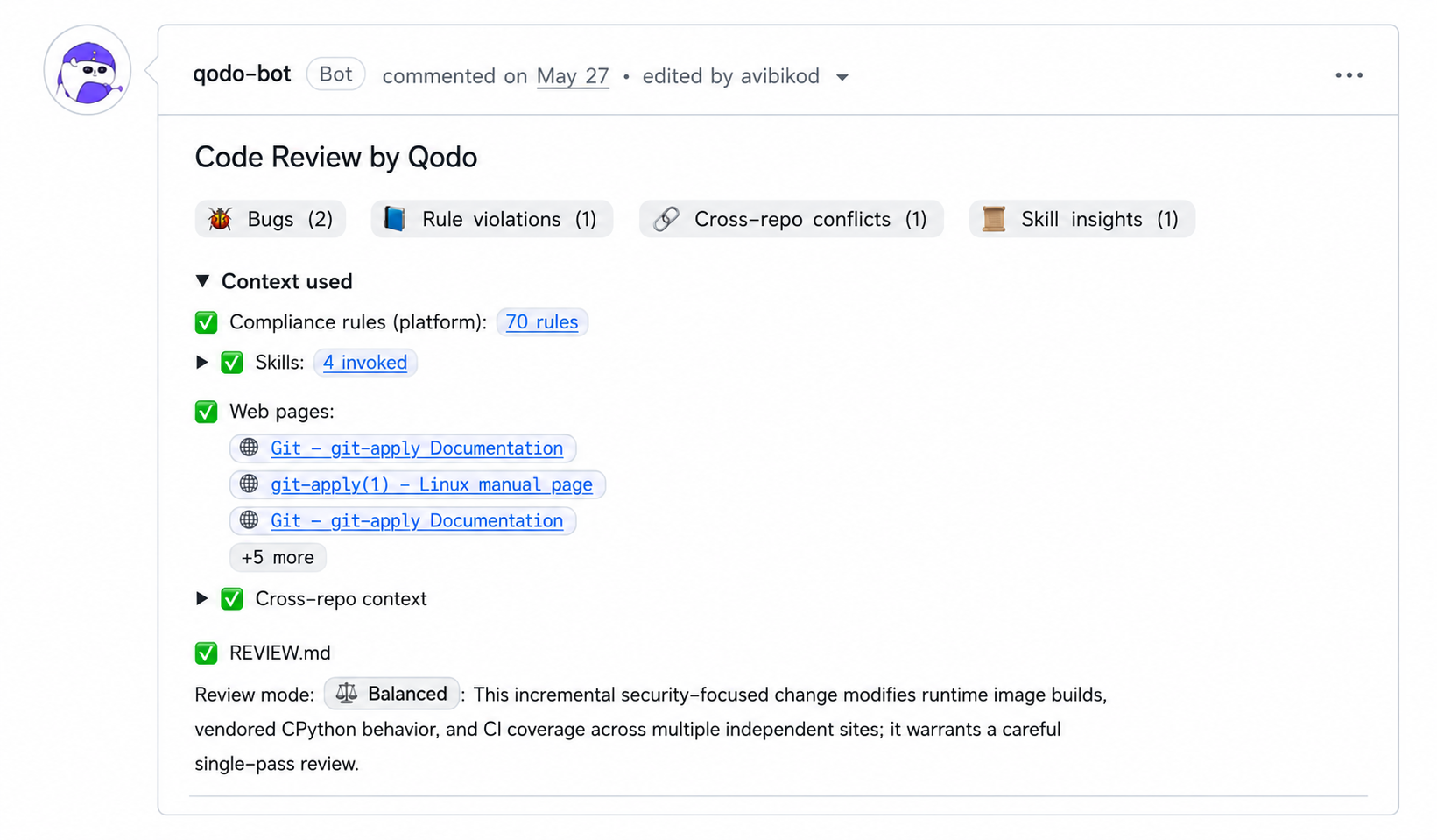 Context sources section showing compliance rules, skills, and cross-repo context applied to the review