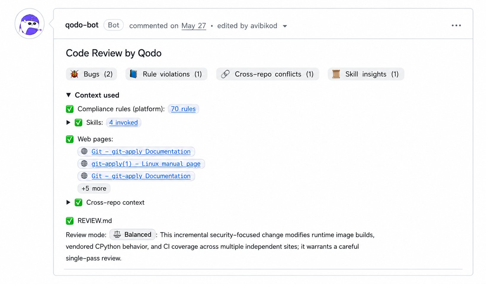 Context sources section showing compliance rules, skills, and cross-repo context applied to the review