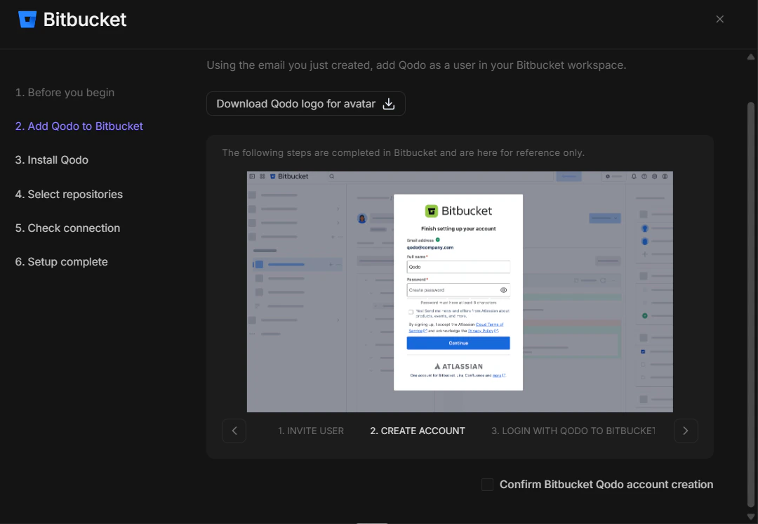 Bitbucket wizard step 2 showing Finish setting up your account form with Qodo email and name fields