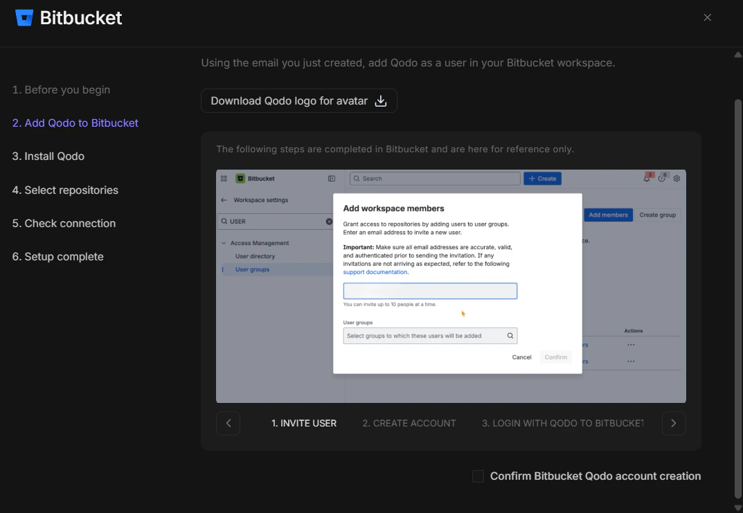 Bitbucket wizard step 2 showing Add workspace members dialog with Qodo email address field