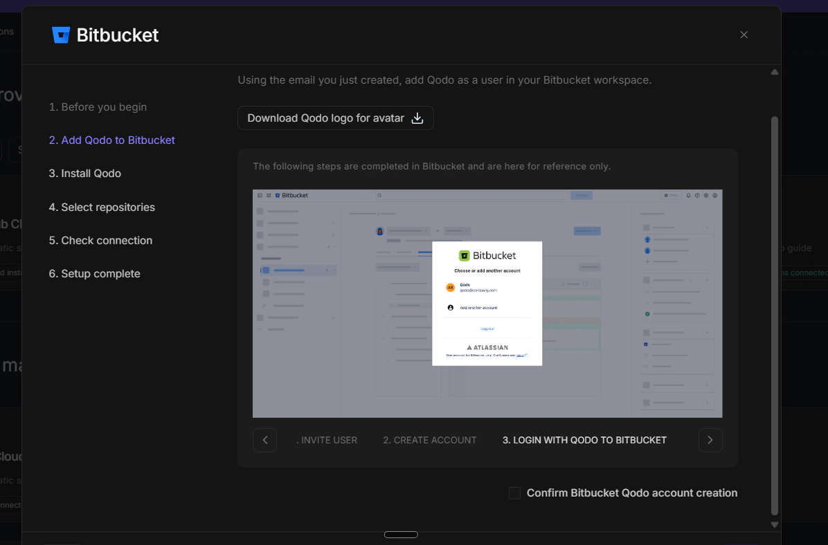 Bitbucket wizard step 2 showing Choose or add another account screen with Qodo account listed