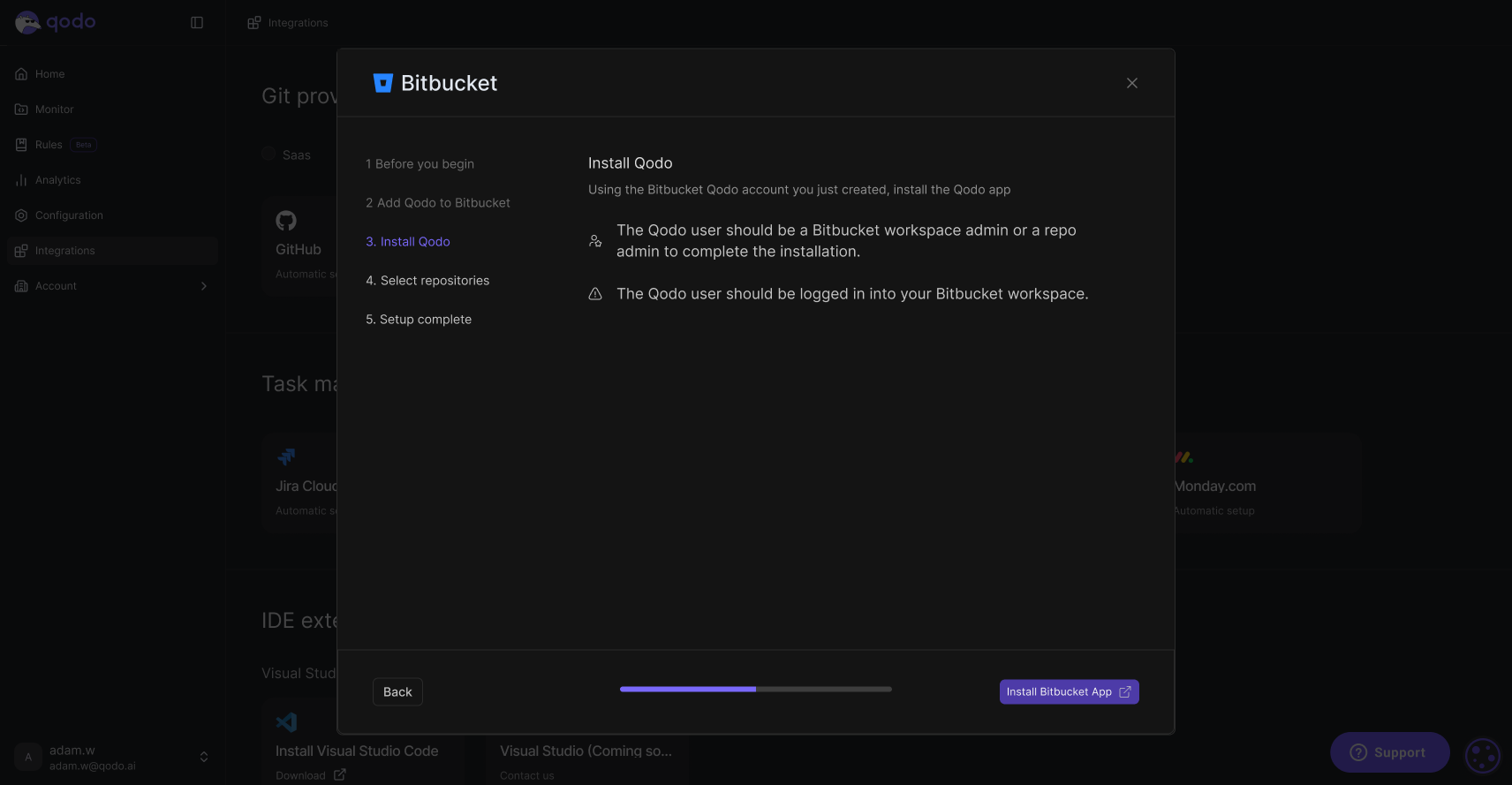 Bitbucket installation wizard showing Install Qodo step with workspace admin requirements