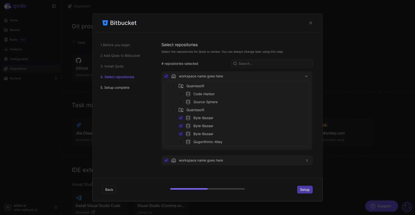 Bitbucket installation wizard showing Select repositories step with workspace and repository tree