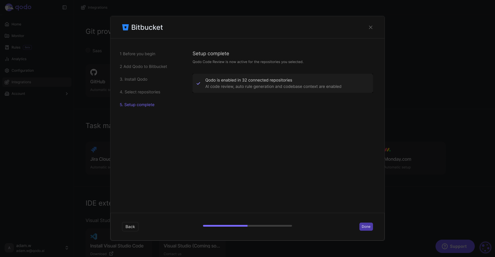 Bitbucket installation wizard showing Setup complete screen with enabled repositories confirmation