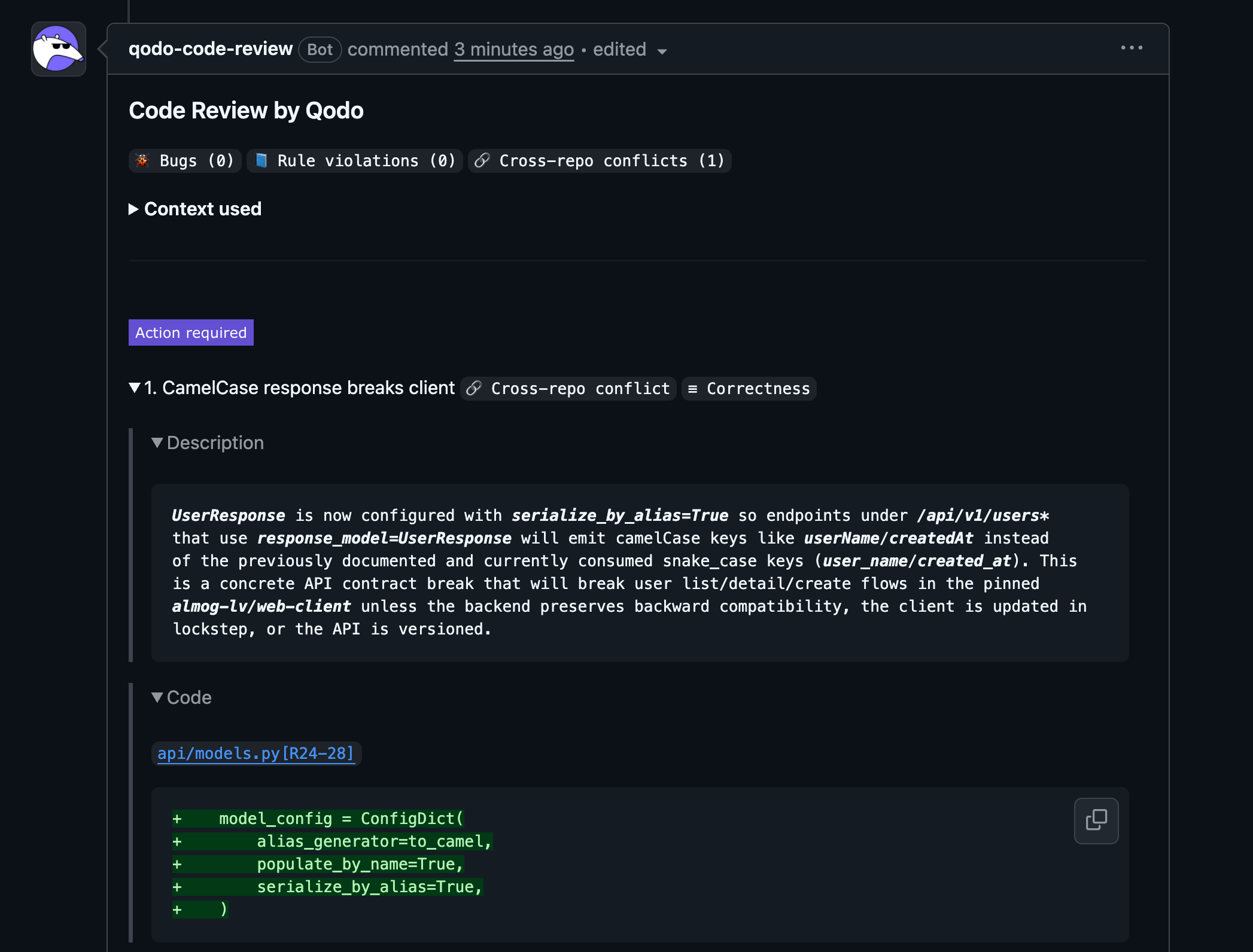 Qodo PR summary comment showing a Cross-repo conflict finding tagged Cross-repo conflict with a description and the affected code