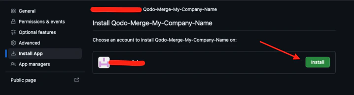 GitHub App install page showing Install button