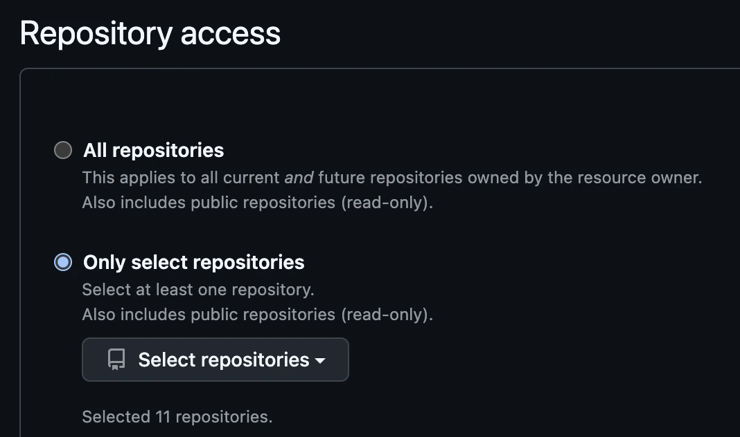 GitHub App repository access section with Only select repositories option