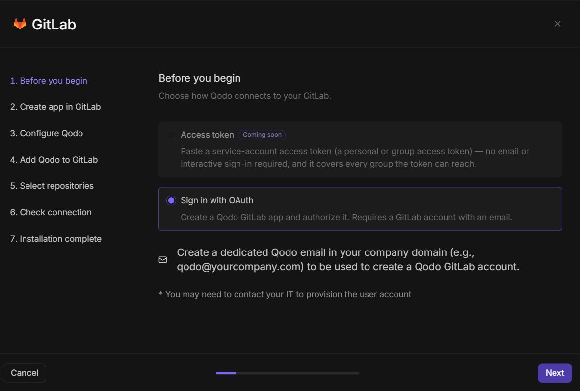 GitLab wizard step 1 showing Before you begin screen with instruction to create a dedicated Qodo email address