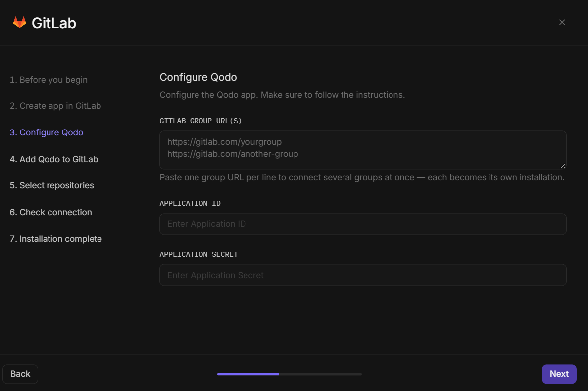 GitLab wizard step 3 showing Configure Qodo screen with GitLab group URL(s), Application ID, and Application Secret fields