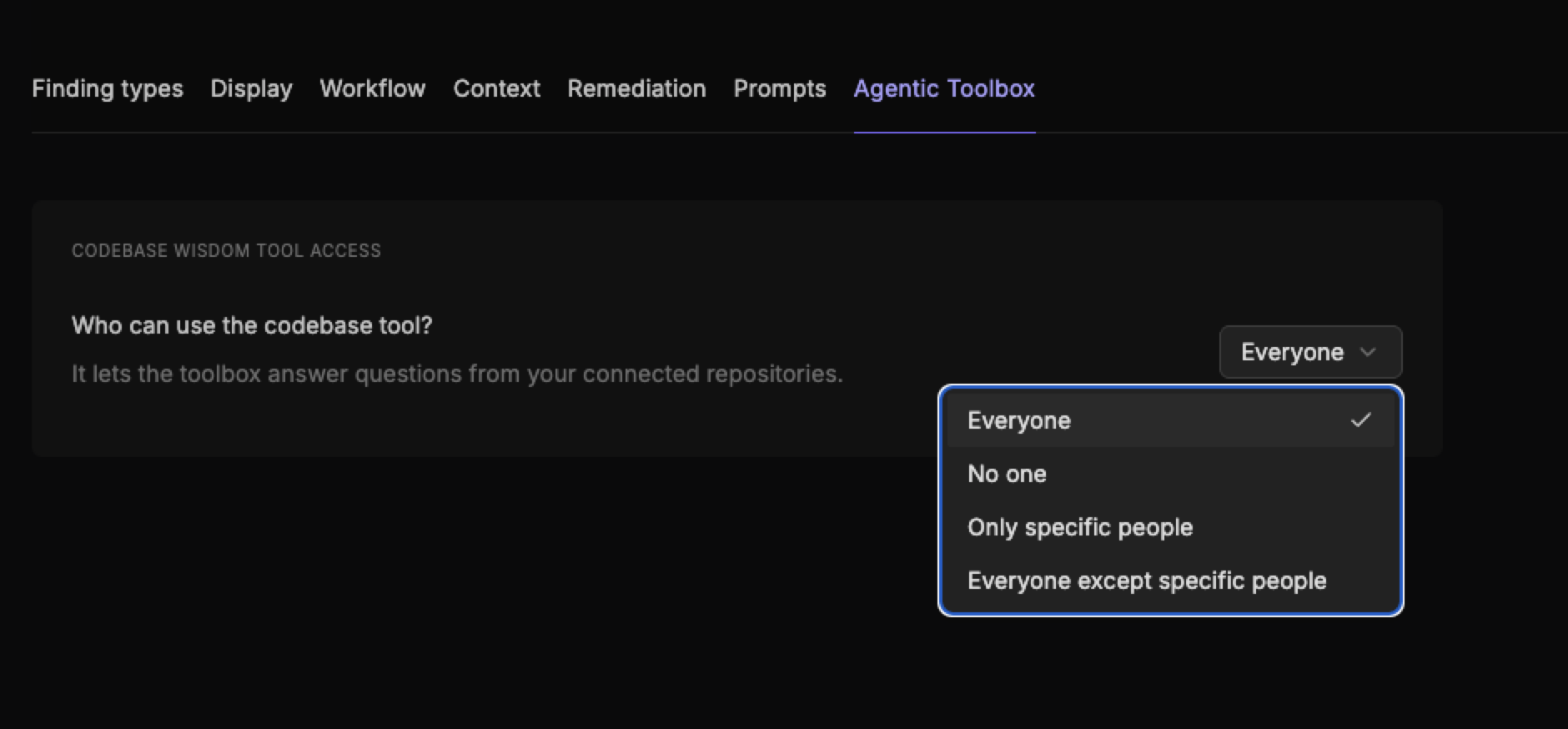 Agentic toolbox tab of the Configurations page showing the Access setting