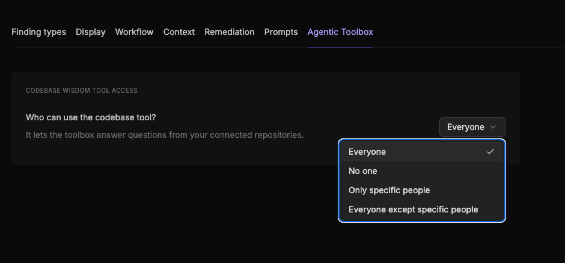 Agentic toolbox tab of the Configurations page showing the Access setting