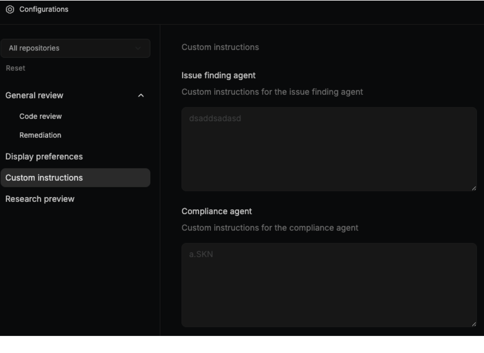 Custom instructions section of the Configurations page with text fields for the Issue finding agent and Compliance agent
