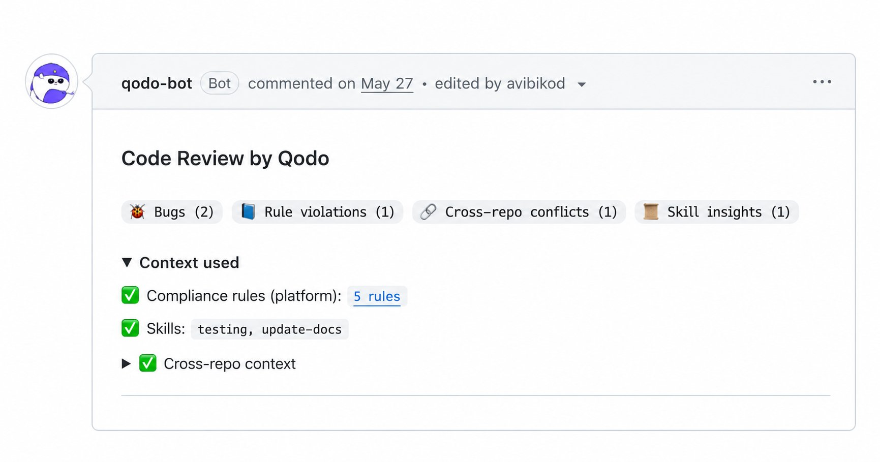 Context used panel showing compliance rules, skills, and cross-repo context applied to the review