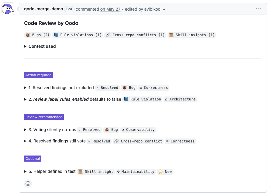 Code review findings overview showing category counts, context used, priority groups, and resolved findings with strikethrough