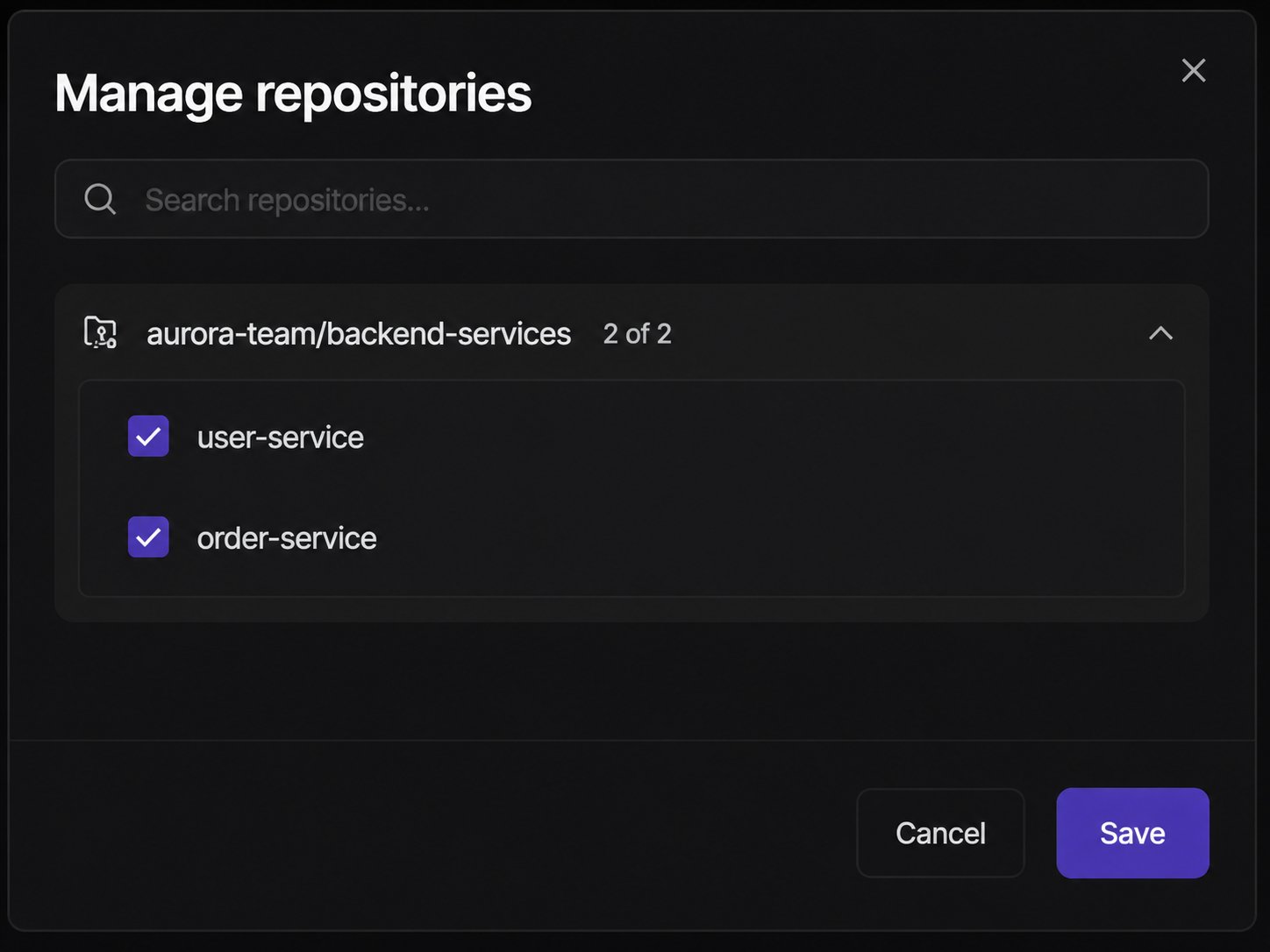 Manage repositories dialog showing a search bar and repository checkboxes under an installation, with Cancel and Save buttons