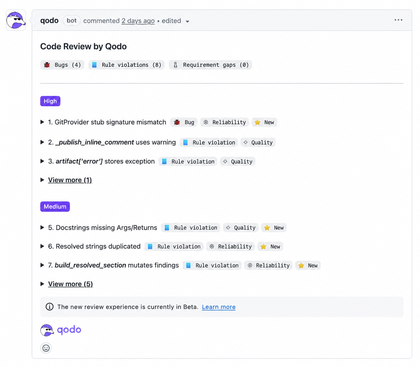 Qodo code review findings panel showing prioritized issues grouped by High and Medium severity in a pull request