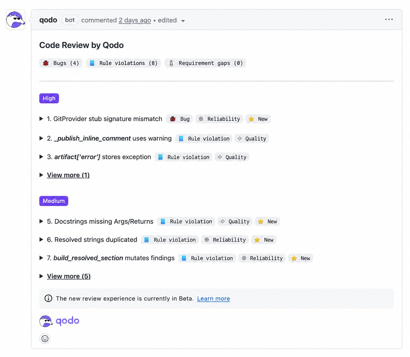 Qodo code review findings panel showing prioritized issues grouped by High and Medium severity in a pull request