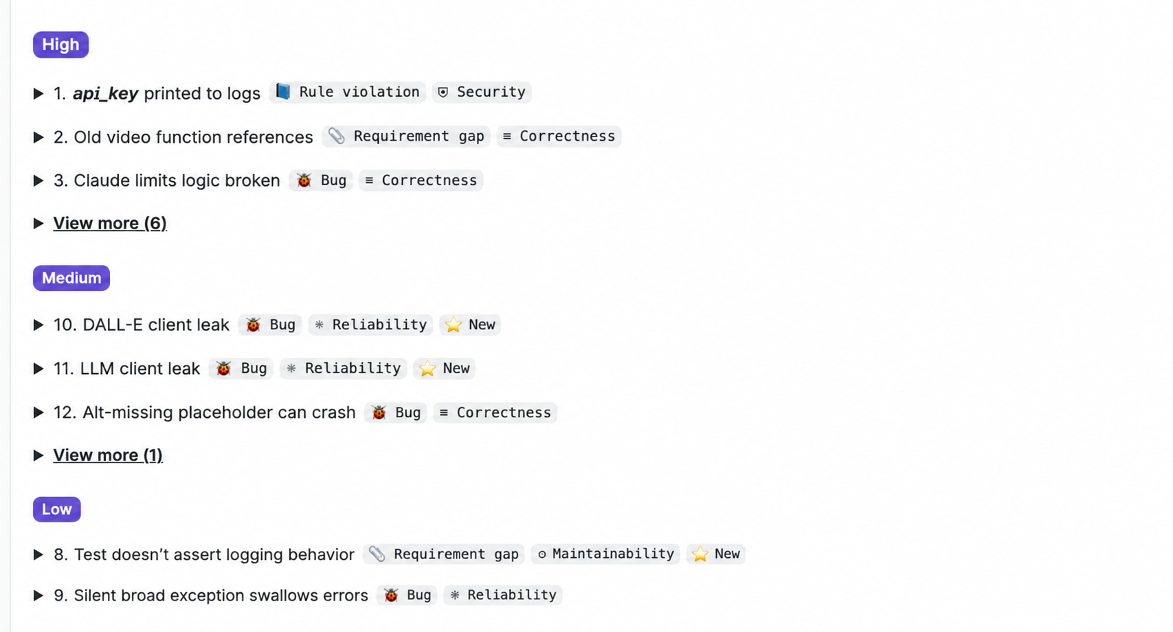 Findings grouped into High, Medium, and Low severity groups, each showing quality impact labels