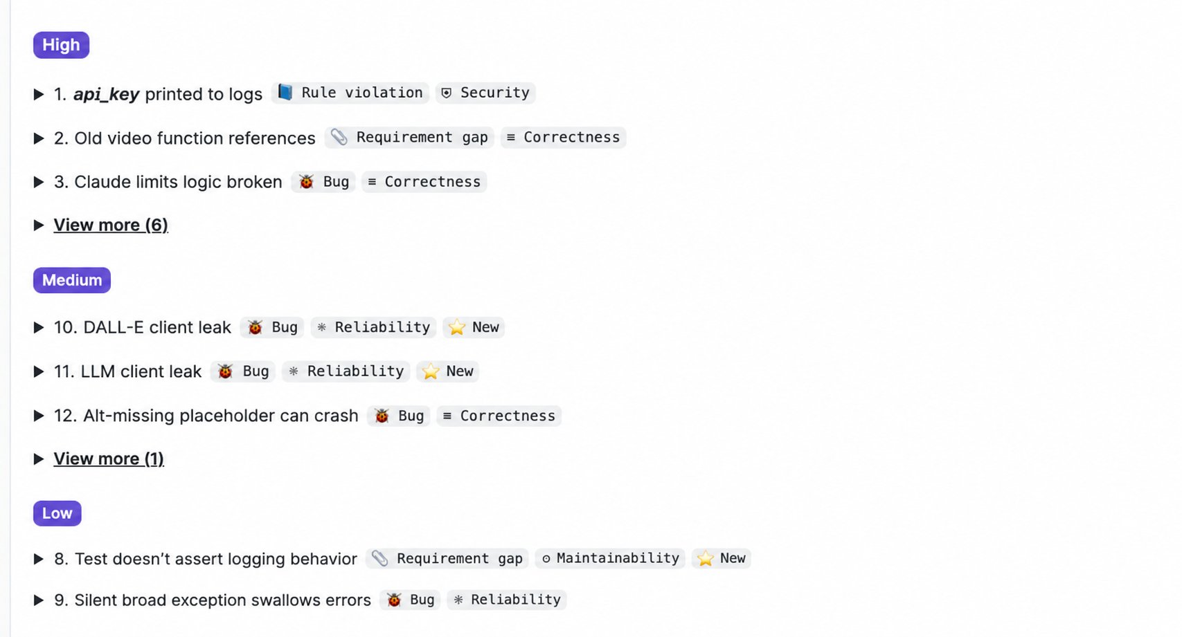 Findings grouped into High, Medium, and Low severity groups, each showing quality impact labels
