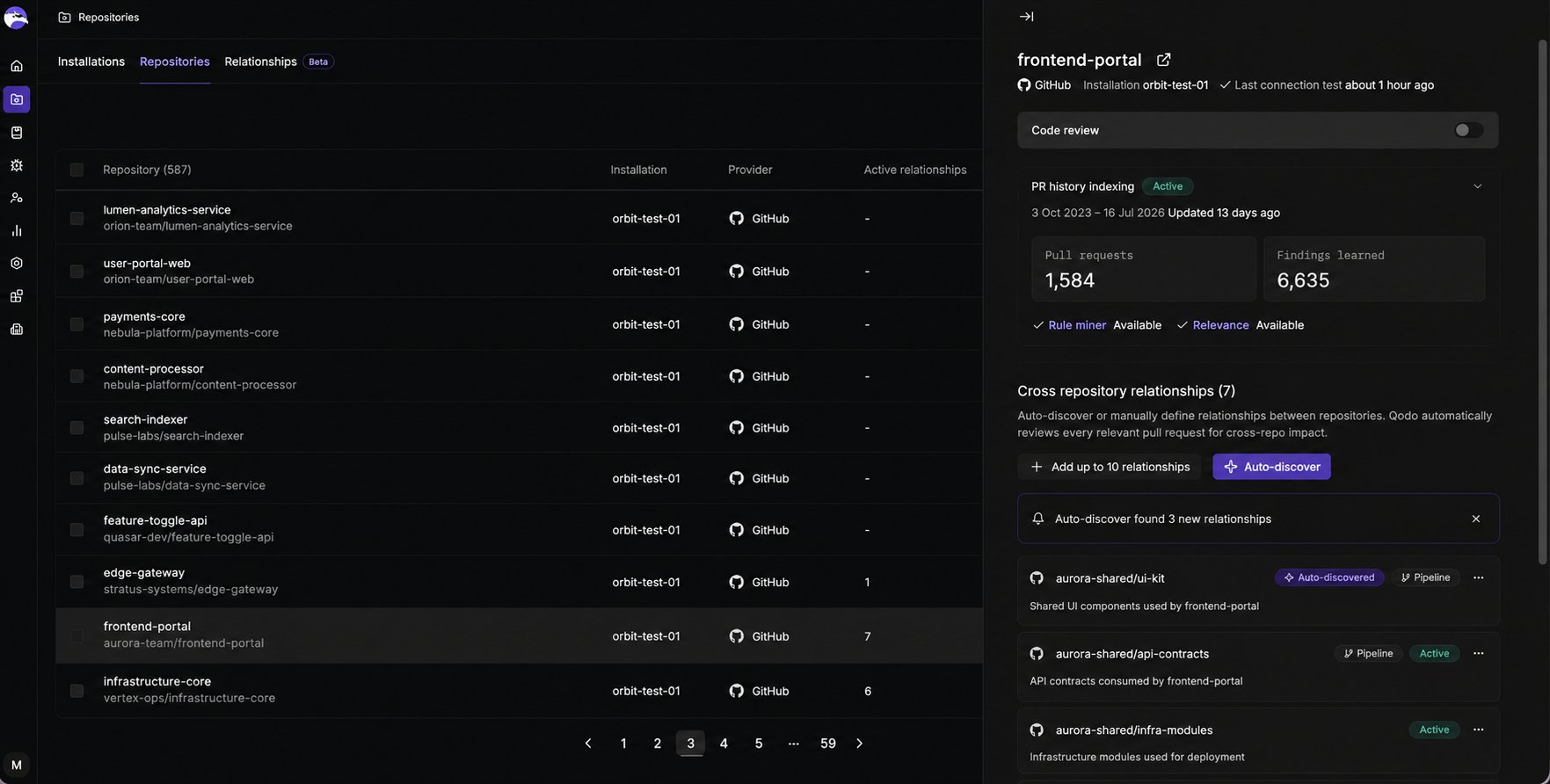 Repository sidebar showing PR history indexing status Active, indexed date range, pull requests and findings learned counts, and Rule miner and Relevance availability