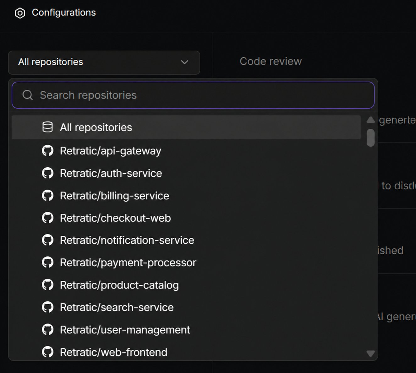 Configurations page repository selector with the All repositories dropdown expanded, showing a search box and a list of connected repositories